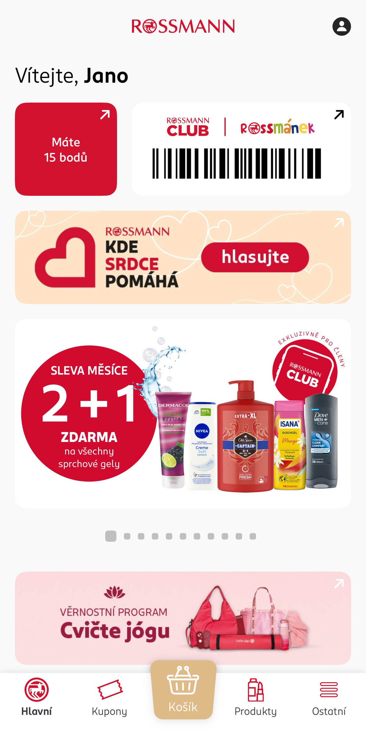 Otevřete aplikaci ROSSMANN CLUB ve svém mobilním zařízení. Zobrazte si úvodní stránku a ve středu obrazovky klikněte na záložku KDE SRDCE POMÁHÁ.